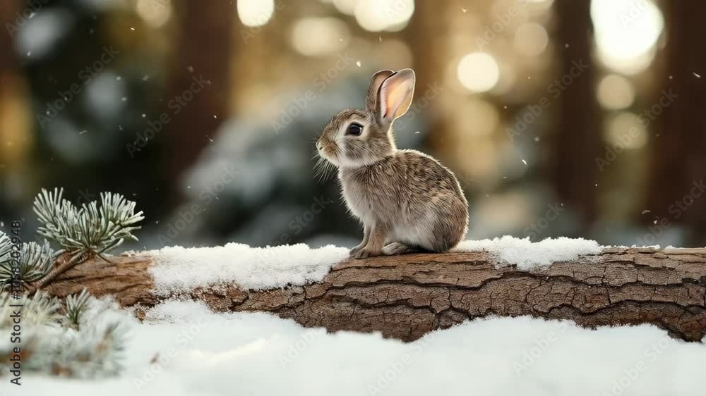 Cute rabbit sitting in snow in winter forest. Arctic hare. Funny Christmas animal. Beautiful scene from wild nature landscape