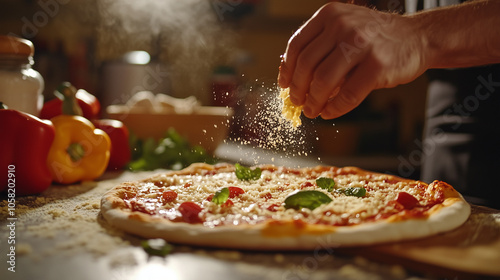 The chef sprinkles cheese on top of the pizza