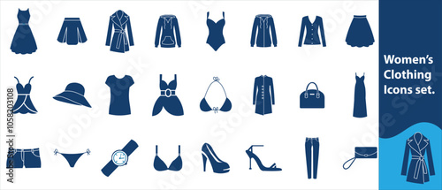 Women’s Clothing editable  Icons set. Saree, wedding dress, sleeveless, casual, dress, bridal gown, sundress, legging, pants and bra. Vector ...