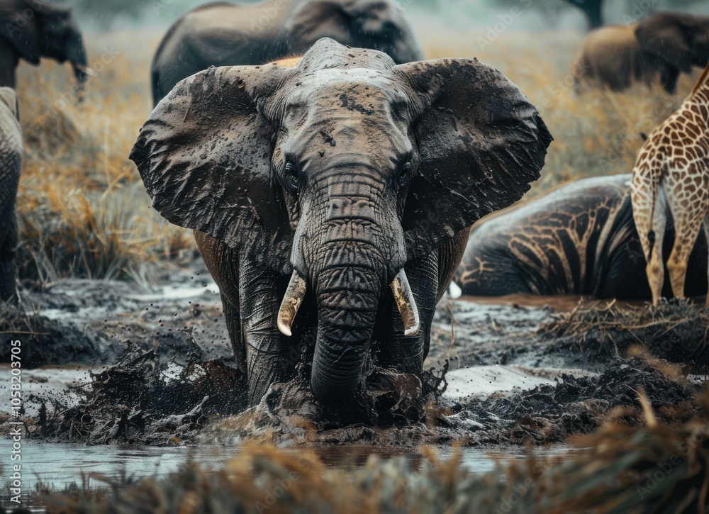 Fototapeta premium elephants playing in mud