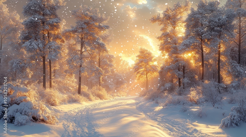 Serene winter landscape with snow-covered trees and glowing sunset.