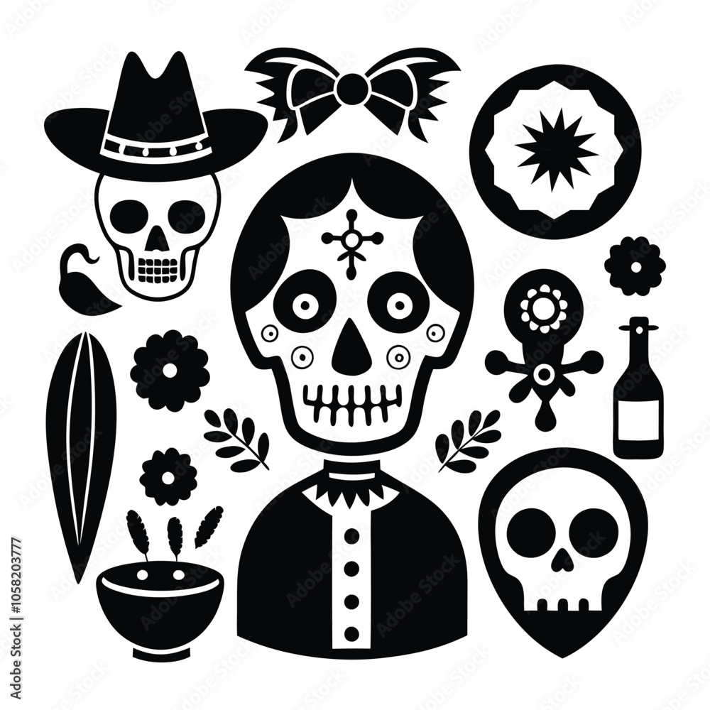 Fototapeta premium Decorative Mexican Skull with Flowers and Hearts for Day of the Dead, Festive Day of the Dead Skeleton with Floral Elements