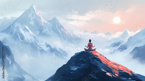 Woman meditating on a mountain peak. Foggy Mountains. Illustration