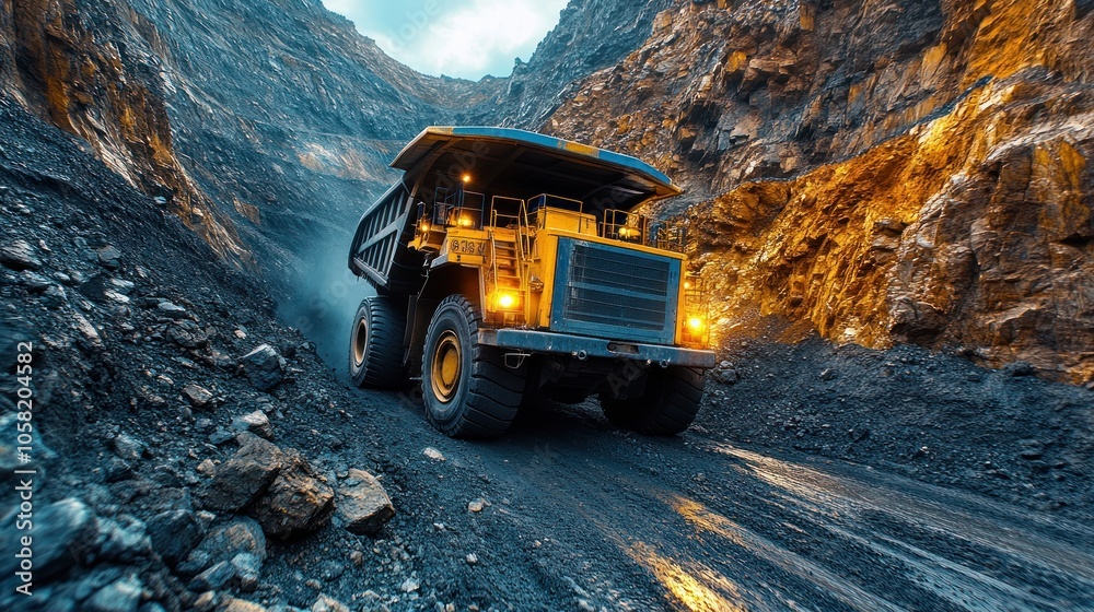 Heavy dump truck navigating through a rocky mining site. Heavy dump truck navigating through a rocky mining site.