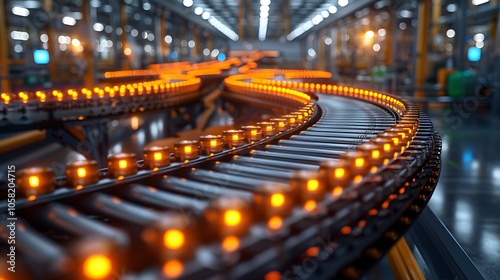 A conveyor belt system with glowing lights, highlighting an industrial setting, showcasing automation and efficiency in a warehouse environment.