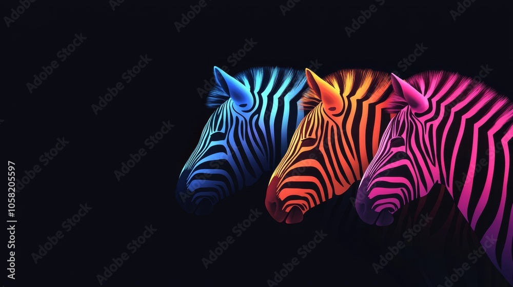 Fototapeta premium Gentle pastel zebra stripes standing out vividly on a jet-black background, creating a unique, minimalist modern art piece. Minimalist zebra design, Pastel contrast art