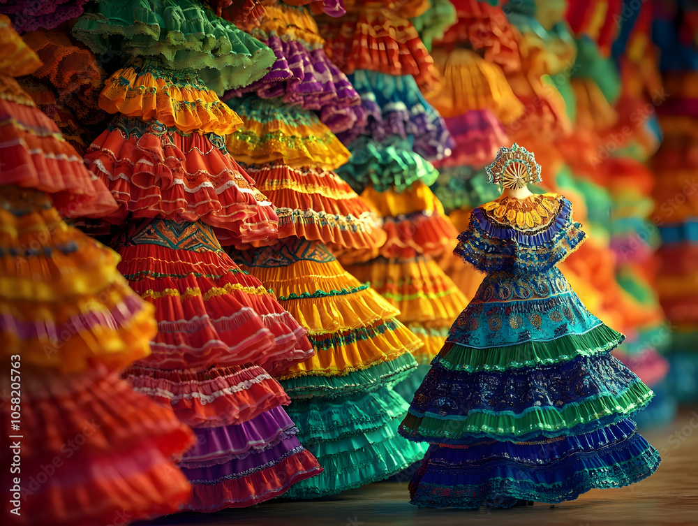 Illustration of Vibrant, Colorful Flamenco Dresses with Ruffles Illustration of Vibrant, Colorful Flamenco Dresses with Ruffles