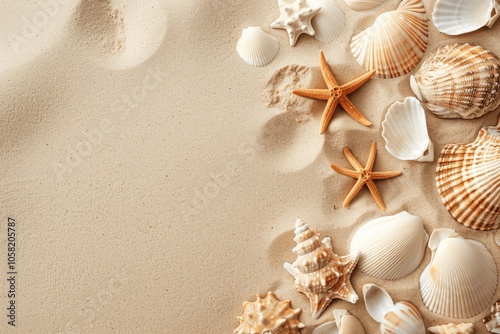 Sandy Beach with White and Beige Seashells and Starfish for Summer Vacation Design