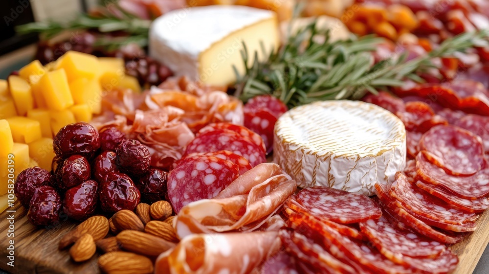 A delightful charcuterie platter with a selection of fine cheeses, A delightful charcuterie platter with a selection of fine cheeses,