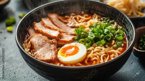 A deliciously spicy ramen bowl with a deep, rich broth,