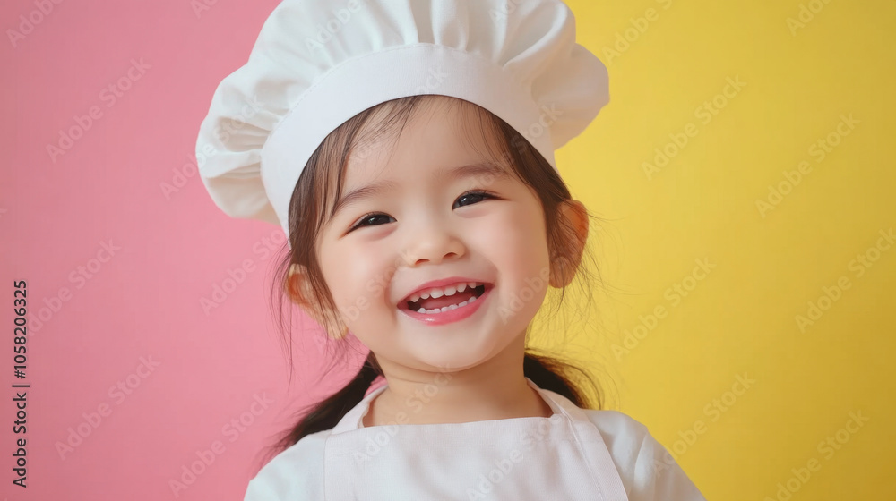 cheerful child wearing chefs hat and apron, smiling brightly against colorful background. This captures joy of cooking and creativity in playful setting cheerful child wearing chefs hat and apron, smiling brightly against colorful background. This captures joy of cooking and creativity in playful setting