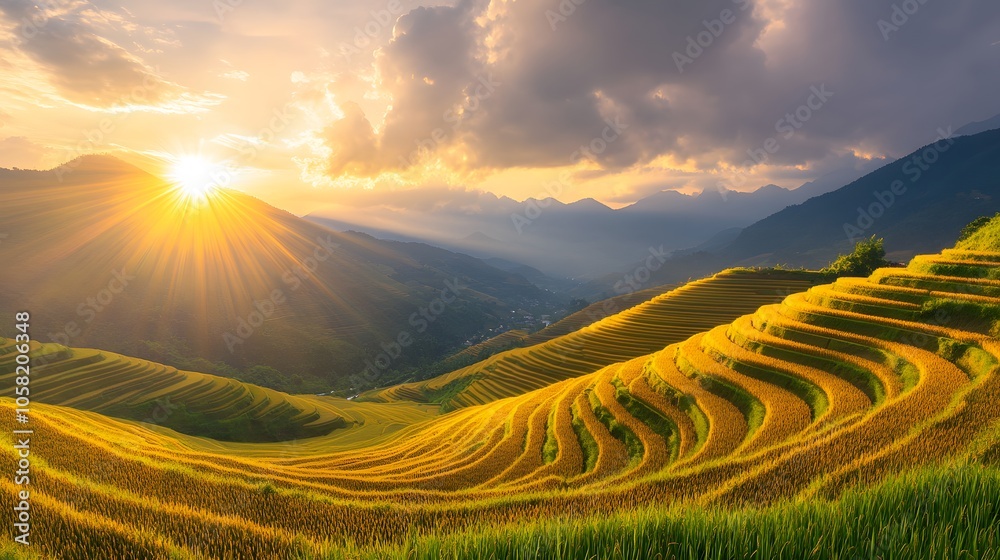 Fototapeta premium Terraced rice field in harvest season in Mu Cang Chai, Vietnam. Mam Xoi popular travel destination. 