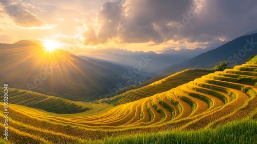 Terraced rice field in harvest season in Mu Cang Chai, Vietnam. Mam Xoi popular travel destination.  photo