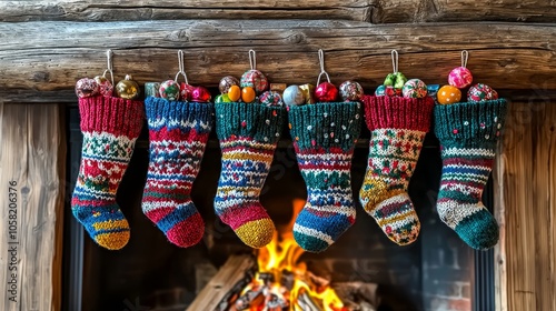 Detailed row of knitted socks with festive patterns, filled with small presents and candy, hanging on a warm wooden fireplace, holiday greeting card style, isolated on white background photo