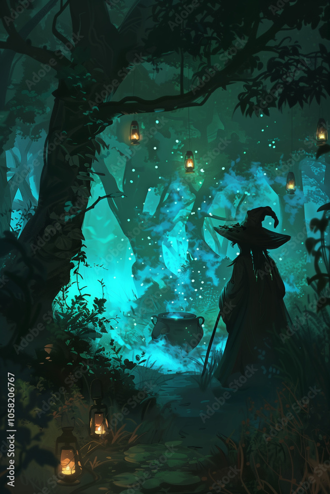 Obraz premium A witch in a dark forest, standing beside a bubbling cauldron, mysterious blue-green mist rising, wearing a long flowing robe and wide-brimmed hat, surrounded by glowing lanterns hanging from branches