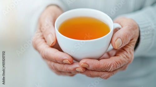 A person holding a white cup of tea