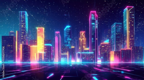 Neon Cityscape with Glitching Lights and a Reflective Surface