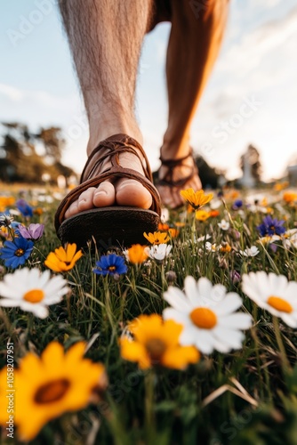 A close-up of Jesusa's feet in sandals, walking through a field of wildflowers, with soft sunlight in the background, symbolizing humility and the beauty of nature. photo