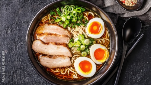 A savory bowl of spicy ramen featuring a rich broth, juicy