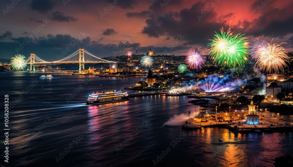 Spectacular Fireworks Over Istanbul's Bosphorus Bridge and Maiden's Tower Spectacular Fireworks Over Istanbul's Bosphorus Bridge and Maiden's Tower