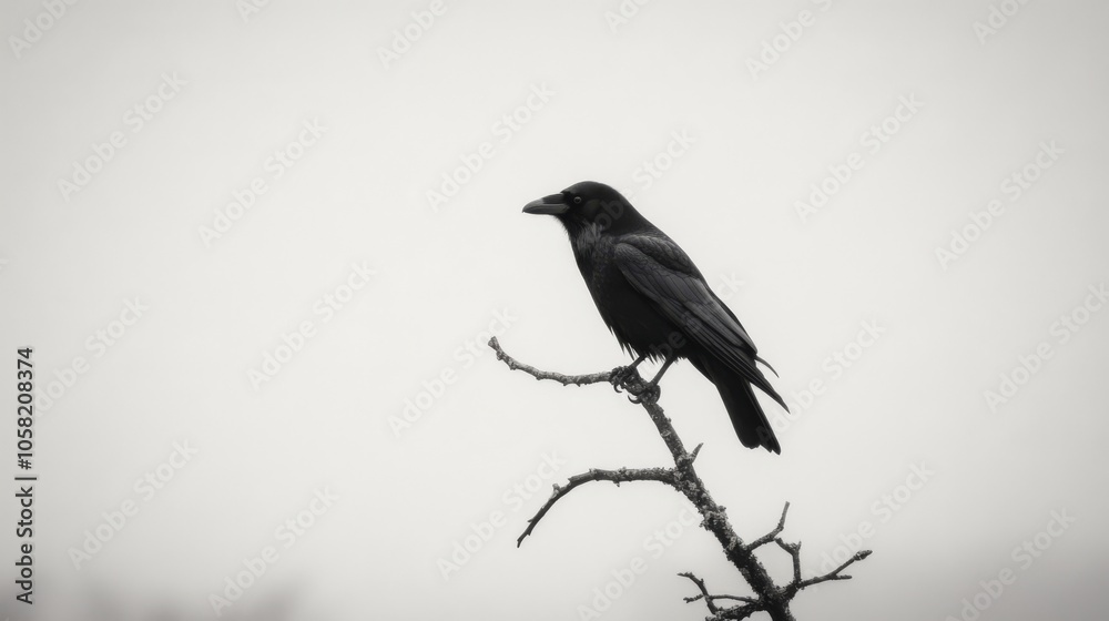 Raven perched on a branch of an old dead tree against a stormy sky with copy space.