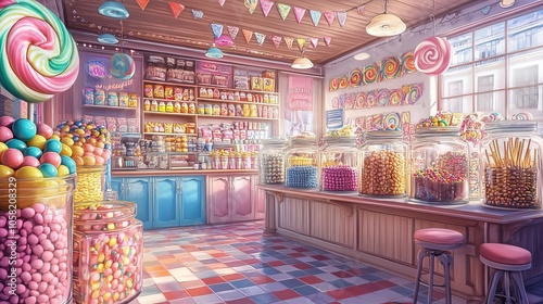 A colorful candy shop display, filled with jars of vibrant candies, lollipops, and chocolates, creating a whimsical and inviting atmosphere