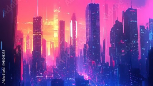 Neon Cityscape at Sunset with Tall Buildings and a Blurry Pink Sky