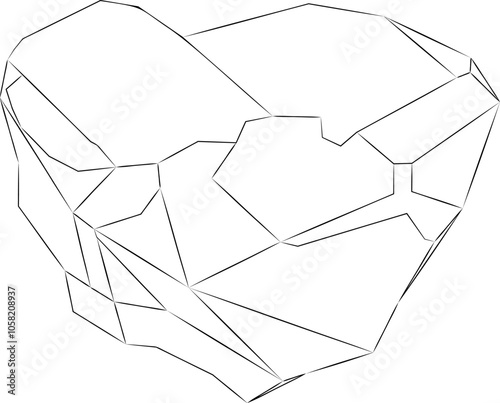 Line art of natural rough diamond. Vector illustration of uncut diamond. Surface of the gemstone is uneven, with rough edges remaining from mining.