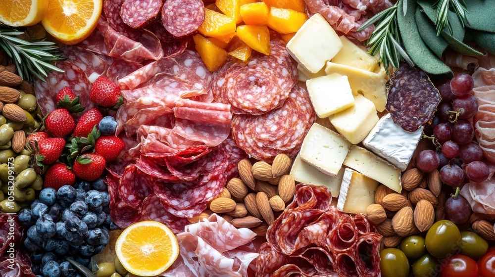 A vibrant charcuterie board featuring artisan cheeses, A vibrant charcuterie board featuring artisan cheeses,