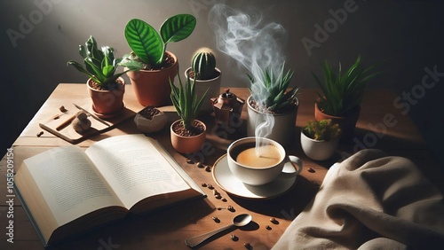 This photo shows a warm and cozy atmosphere with a wooden table layout on which are some potted greenery, a steaming cup of hot coffee, and an open book  photo