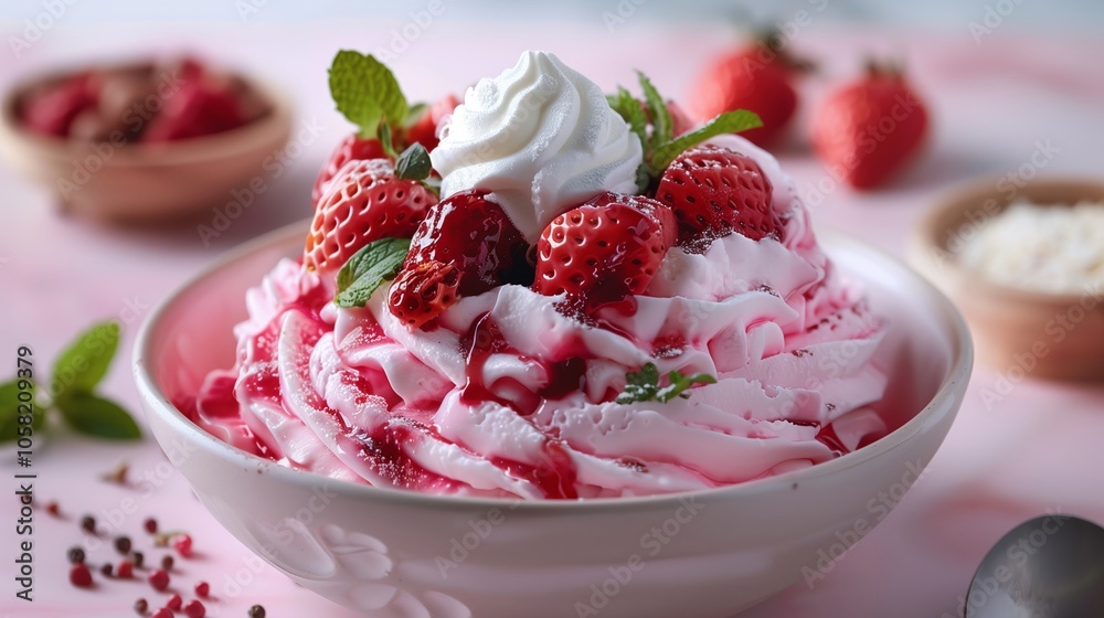 An ice shaved pink bingsu with white whipped cream sauce, strawberry, mint leaves on top, placed in an bowl on the table An ice shaved pink bingsu with white whipped cream sauce, strawberry, mint leaves on top, placed in an bowl on the table