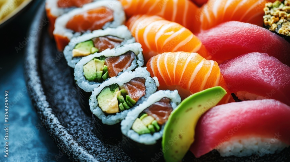 A vibrant sushi platter with fresh salmon, tuna, and avocado rolls, A vibrant sushi platter with fresh salmon, tuna, and avocado rolls,