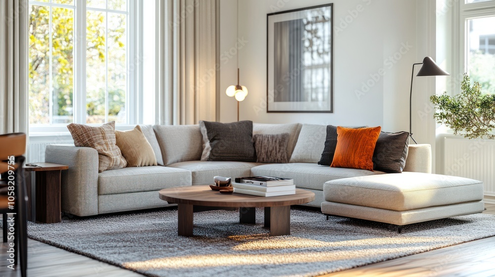 Fototapeta premium Modern Living Room with Sectional Sofa and Coffee Table