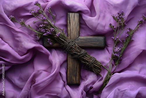 A wooden cross surrounded by thorns and set against a purple. Generative Ai