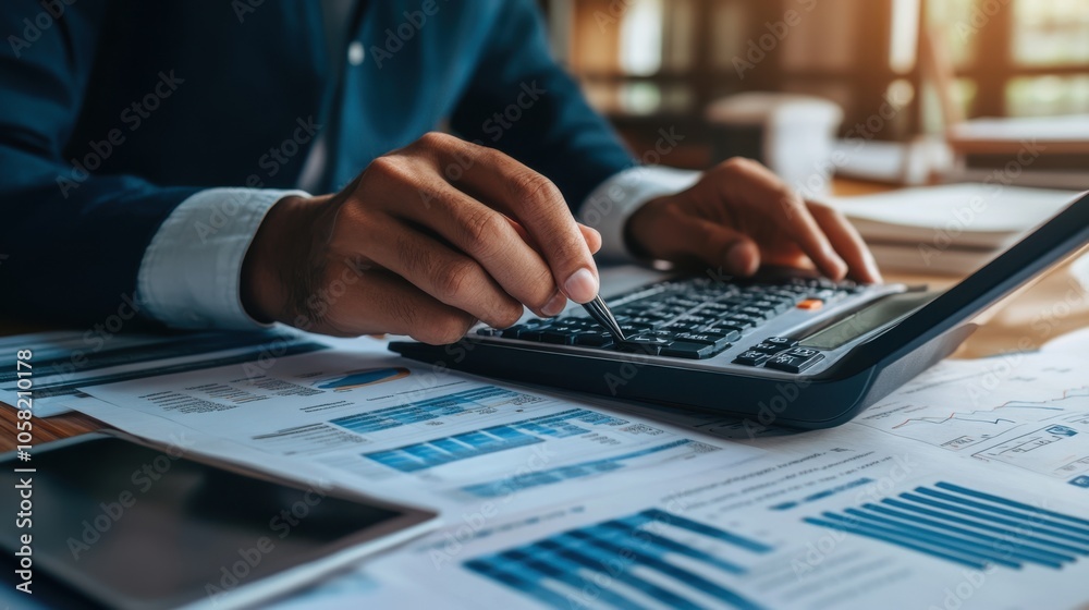 Accountant calculating and verifying e-bill details Accountant calculating and verifying e-bill details