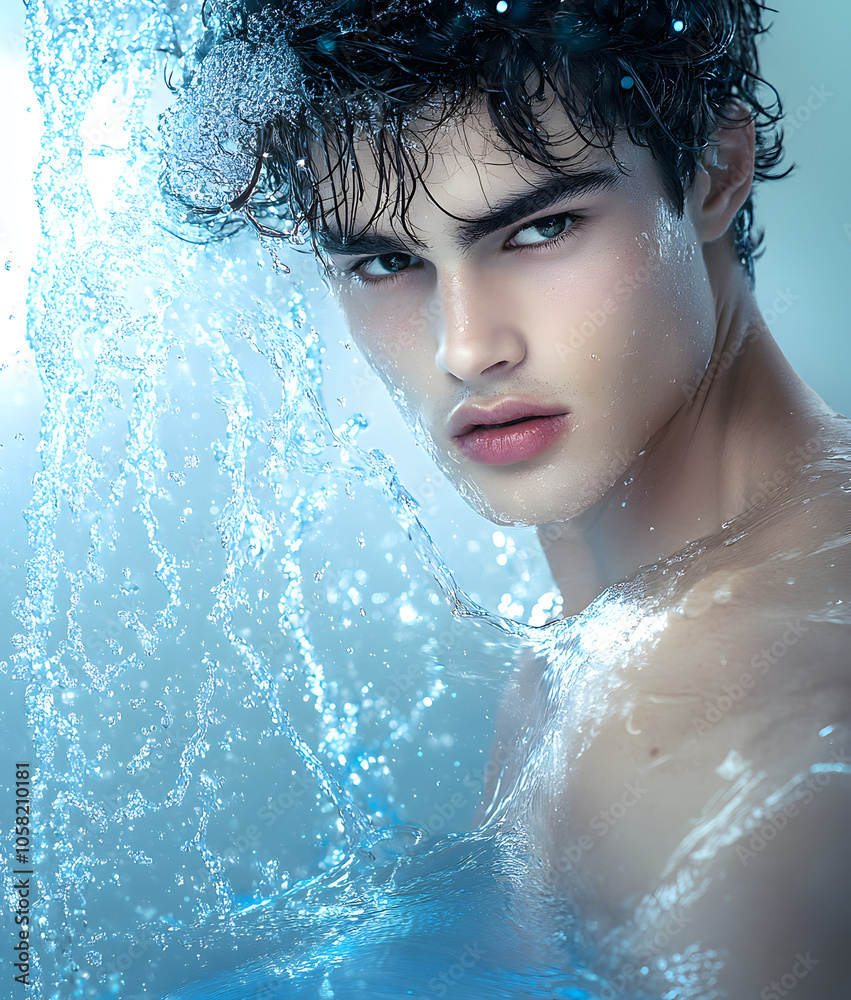 Serious Male Model in a Bathroom-Themed Campaign with Light Blue-Toned Color Palette Serious Male Model in a Bathroom-Themed Campaign with Light Blue-Toned Color Palette