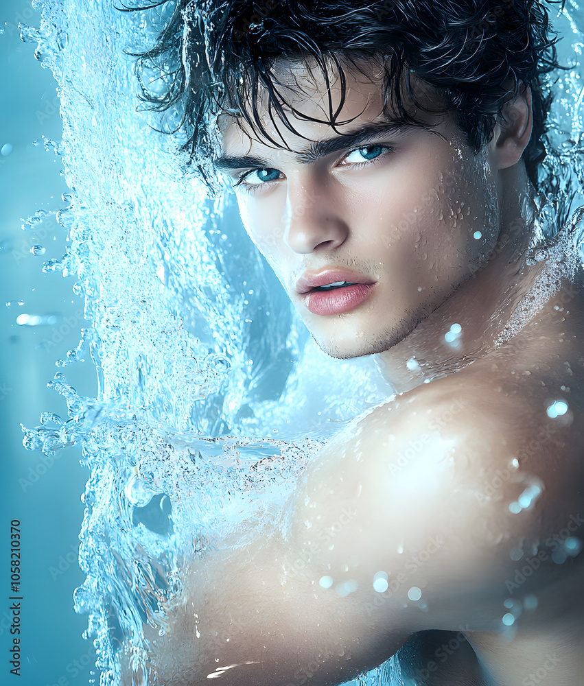 Serious Male Model in a Bathroom-Themed Campaign with Light Blue-Toned Color Palette Serious Male Model in a Bathroom-Themed Campaign with Light Blue-Toned Color Palette