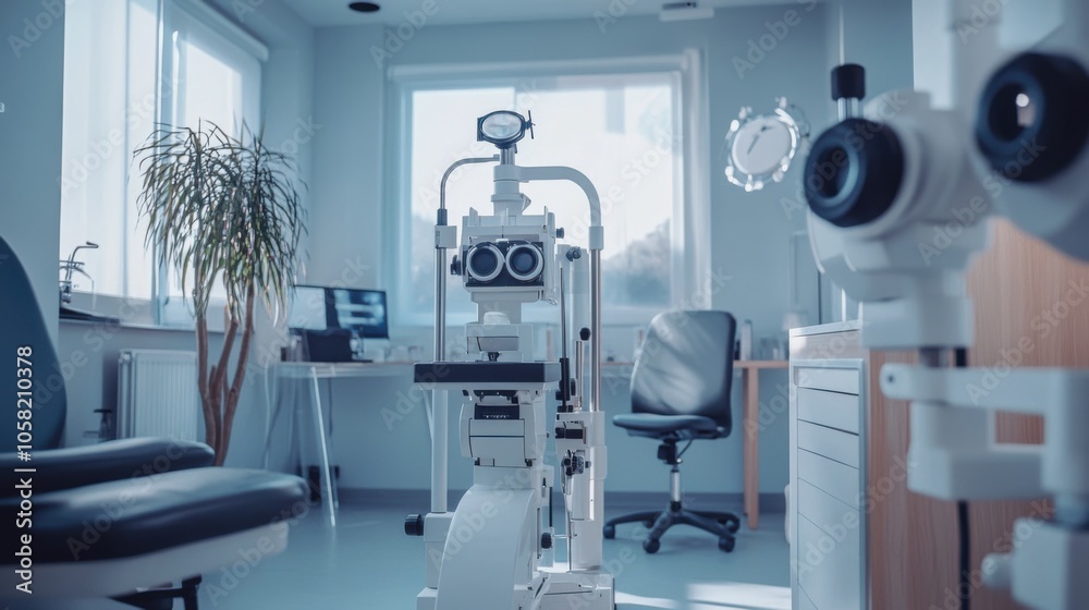 An eye exam room with modern diagnostic tools An eye exam room with modern diagnostic tools