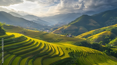 Terraced rice field in harvest season in Mu Cang Chai, Vietnam. Mam Xoi popular travel destination.  photo