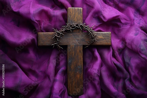A wooden cross surrounded by thorns and set against a purple. Generative Ai