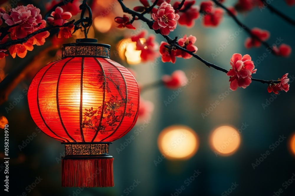 Red lantern hanging from tree branch casting warm glow during evening, enhancing tranquil outdoor setting.