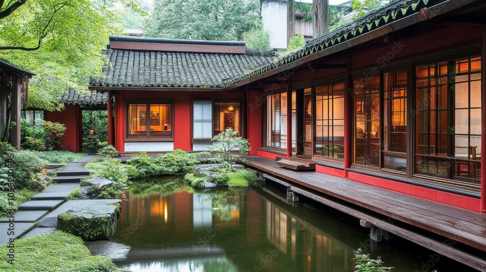 Small pond in courtyard, red building reflected in water, surrounded by greenery, peaceful setting. Small pond in courtyard, red building reflected in water, surrounded by greenery, peaceful setting.
