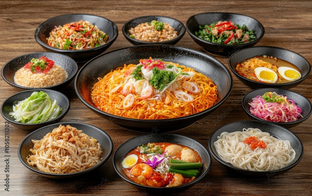 Variety of Asian dishes in black bowls, including noodles, rice, vegetables, and sauces on wooden table. Variety of Asian dishes in black bowls, including noodles, rice, vegetables, and sauces on wooden table.