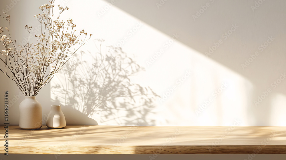empty room with light wall and window and wooden table top on wall background, Products presentation concept empty room with light wall and window and wooden table top on wall background, Products presentation concept