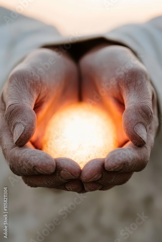 A closeup of hands gently cupping a glowing light symbolizing hope, healing, and divine guidance. photo