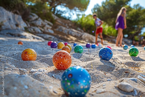 People using colorful balls to play boules on sand. Generative Ai