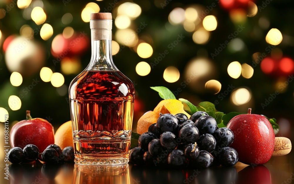Wine bottle with fruit on table, featuring grapes, apples, and oranges in natural light. Wine bottle with fruit on table, featuring grapes, apples, and oranges in natural light.
