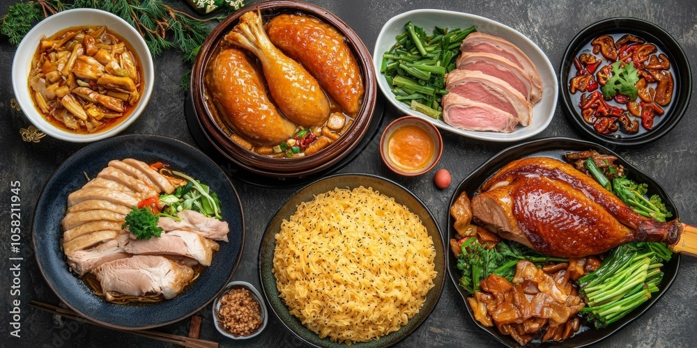 Table filled with diverse dishes and bowls, showcasing colorful culinary presentation, ready for sharing. Table filled with diverse dishes and bowls, showcasing colorful culinary presentation, ready for sharing.