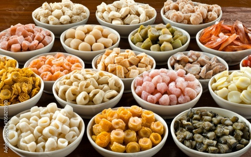 Table with bowls of various pasta types, showcasing diverse shapes and textures, ready for delicious meal.