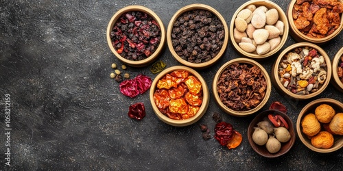 Assorted dried fruits, nuts in wooden bowls on rustic table, showcasing healthy snack options, natural textures.